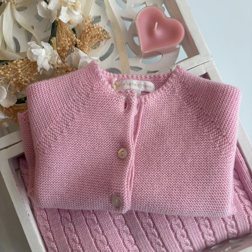 Cardigan laine losange rose poudre