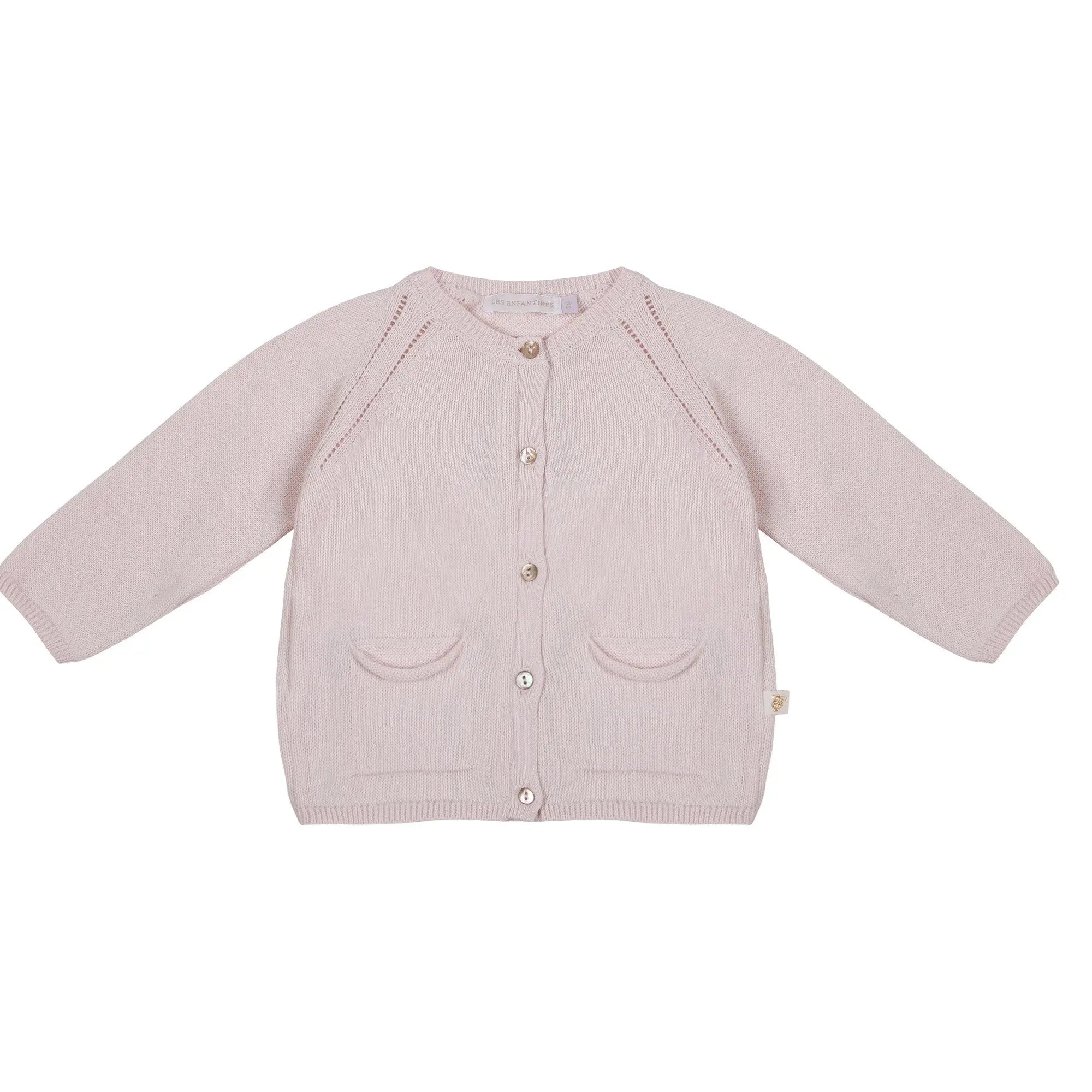 Cardigan fille en coton fin rose pale et boutons de nacre Les